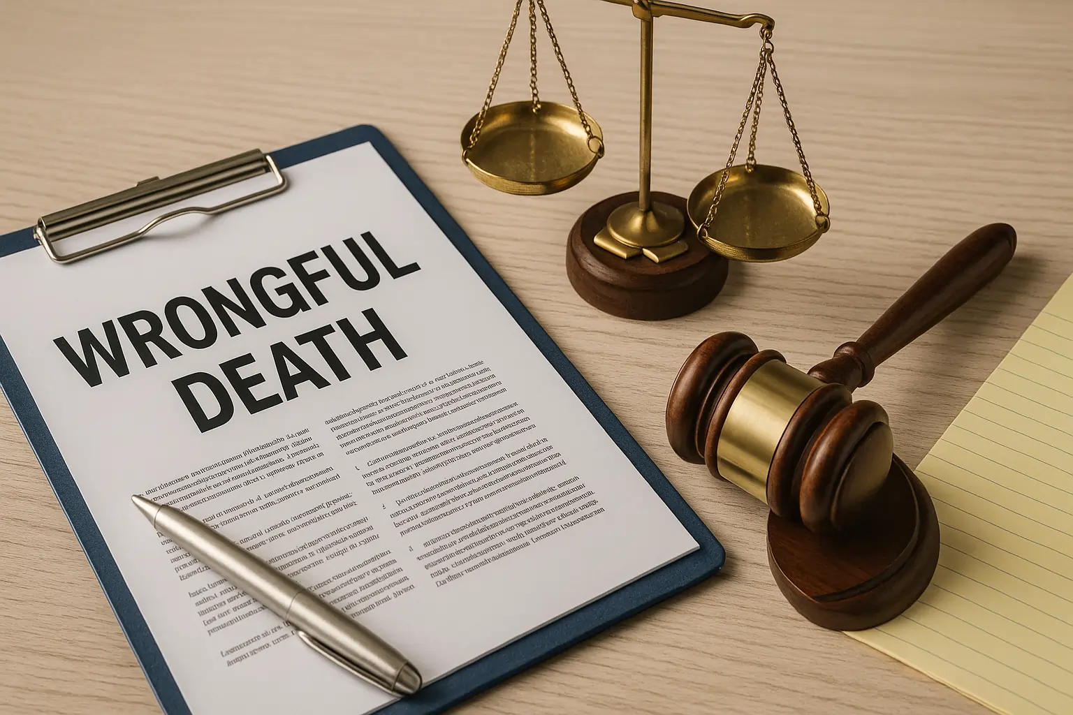 wrongful death attorney legal tools with white document and justice scale