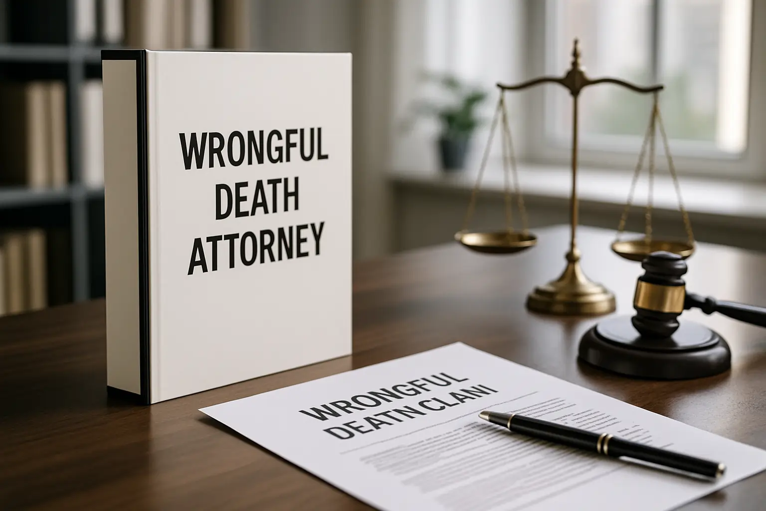 wrongful death attorney desk with legal documents and justice scale