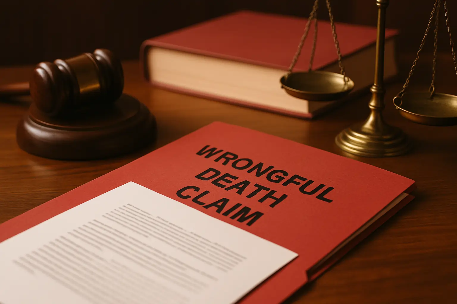 wrongful death attorney legal folder and justice tools on wooden desk
