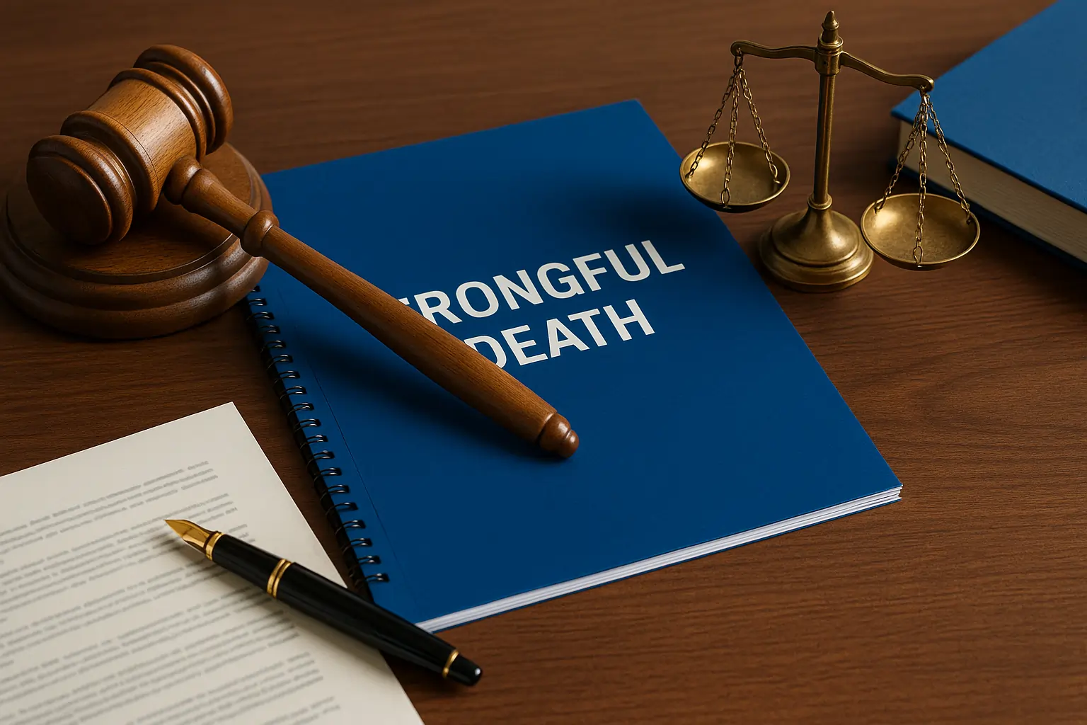 wrongful death attorney tools with blue report, gavel and legal scale