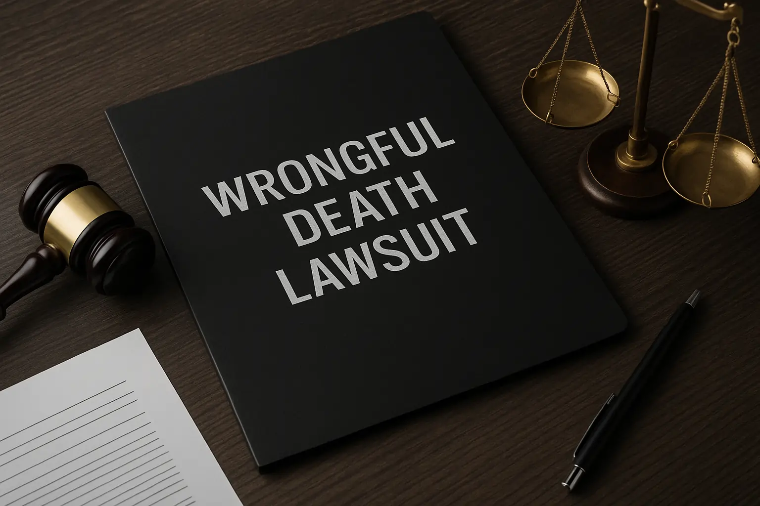 wrongful death attorney black folder with lawsuit documents and justice scale